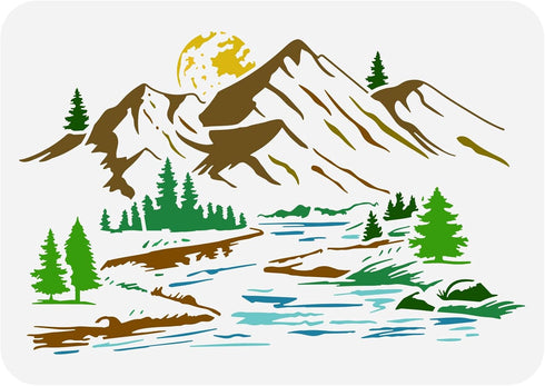 FINGERINSPIRE Mountain Stencil 8.3x11.7inch Reusable River Nature Scenery Painting Template DIY Craft Pine Tree Moon Landscape Decoration Stencil ...