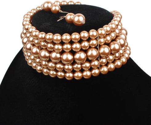 COLORFUL BLING 5 Rows Elegant Simulated Pearl Strand Choker Necklace With Earrings Set Women Ladies Statement Jewelry...