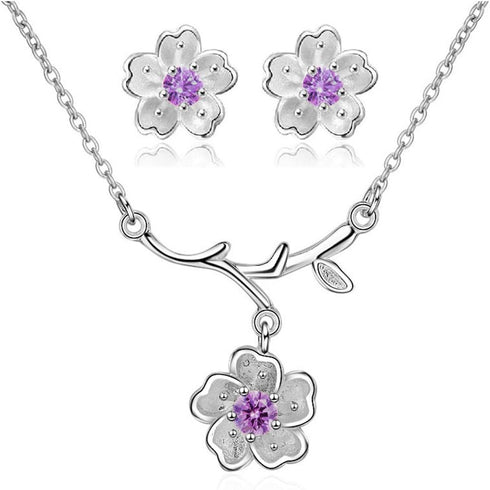 Uloveido Pink Purple Crystal Stone Flower Earrings and Necklace Jewelry Set for Bridal Women White Gold Plated DT340...
