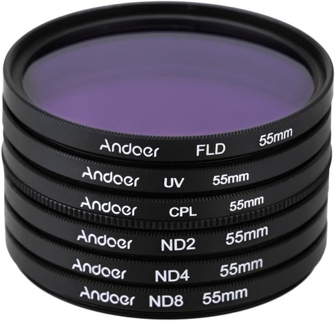 Andoer 55mm UV+CPL+FLD+ND(ND2 ND4 ND8) Filter Kit Ultraviolet Circular-Polarizing Fluorescent Neutral Density Filter for Nikon Canon Sony Pentax D...