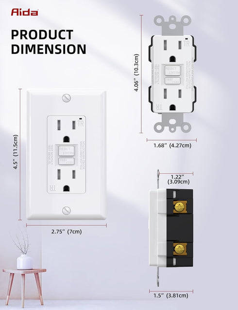 AIDA Self-Test 15 Amp Indoor Duplex Tamper-Resistant GFCI Receptacle Wall Outlet Charger with LED Indicator, Decor Wall Plate & Screws Included, U...