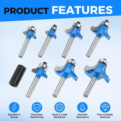 Yetaha 7Pcs 1/4 Inch Shank Roundover Edging Router Bit Set, Carbide Corner Rounding Edge Forming Router Bit, Woodworking Milling Tools, 1/8", 5/32...