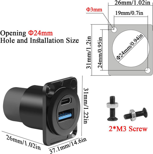 QIANRENON USB3.0 & USB C 3.1 Panel Mount Adapter USB3.0+USB Type C 3.1 Female to Female Fixed Mount Data Charging Connector USB A & USB C Feedthro...