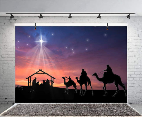 AOFOTO 7x5ft Stable Nativity Scene Background Shiny Star Birth of Christ Jesus Camels Sheeps Sketch Manger Scene Background for Church Concert Dec...