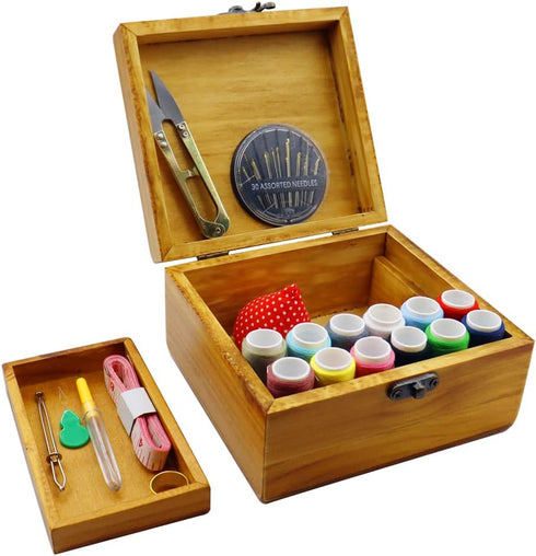 Flytreal Sewing Kit Small Box Basket, Wooden Hand Home Sewing Repair Tool Kit, Beginner Universal Sew Kit Accessories for Women, Men, Adults, Girl...
