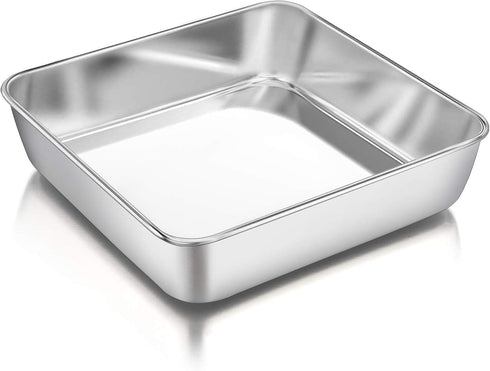 P&P CHEF Square Baking Cake Pans, Small Stainless Steel Lasagna Brownie Pan For Birthday Cake Bread Pie, Non-toxic & Durable, Smooth Rim & Leakpro...