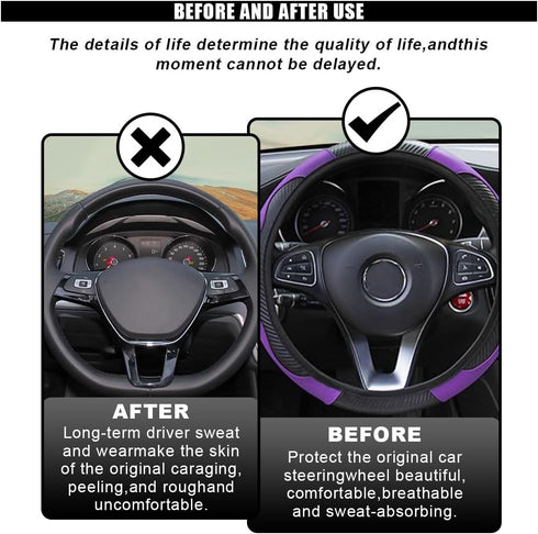Car Steering Wheel Cover, 15 Inch Carbon Fiber Leather Elastic Steering Wheel Protector, Anti-Slip, Breathable & Soft Car Interior Accessories Uni...