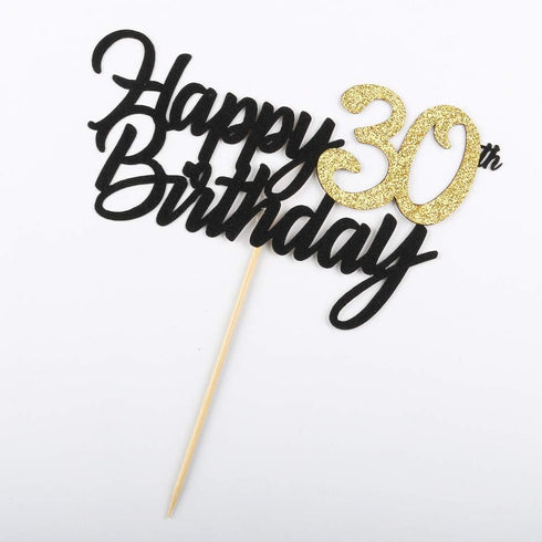 PALASASA Black Gold Glitter Happy Birthday cake topper - 30 Anniversary/Birthday Cake Topper Party Decoration (30th)...
