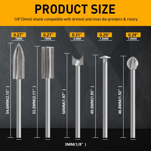 Wood Carving Drill Bits Set Compatible with Dremel Rotary Tool 5 Different Engraving Drill Accessories Bit Wood Grinding Woodworking Tool with 3mm...