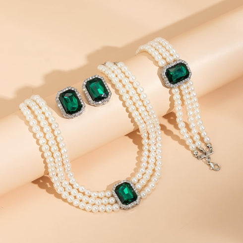Vintage 4pcs Pearl Gemstone Choker Necklaces Earrings Bracelet Set 1920s Costume Party Pearl Jewelry Multilayer Gemstone Rhinestone Elegant Bridal...