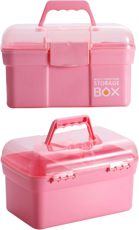 Kinsorcai 11'' Plastic Storage Box with Removable Tray, Multipurpose Organizer and Storage Case for Art Craft and Cosmetic (Pink)...