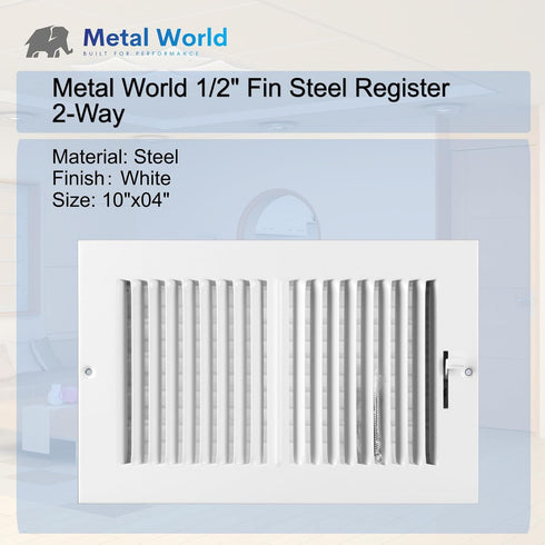 Metal World 10"x4" 2-Way 1/2" Fin Steel Register...