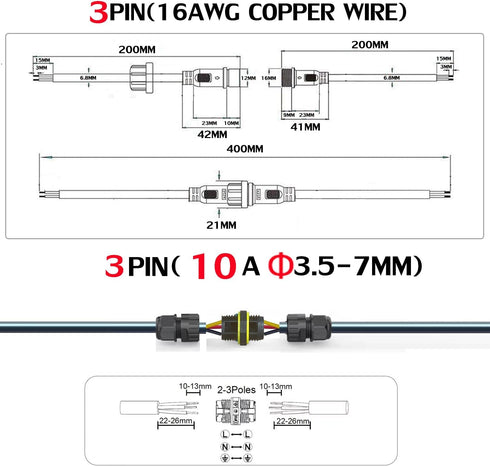 Waterproof Connectors 3 Wire, 16AWG Male Female Plug LED Connector with M16 Electrical Cable Connector,IP68 20CM Extension Cable for Car, Truck, B...