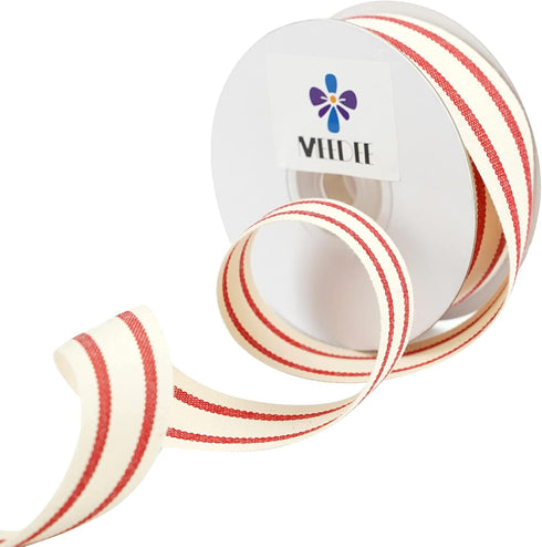 MEEDEE Natural Cotton Ribbon Stripes Fabric Ribbon 1 inch Red and White Stripe Ribbon for DIY Crafts Ribbon for Gift Wrapping Home Decor Sewing (1...