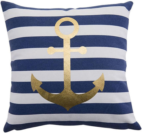 Nautical Decorative Pillow Cover, Stripes and Gold Anchor Pattern 18X18 (Navy Stripes)...