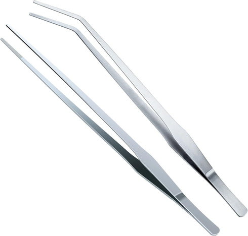 OIIKI 2PCS Stainless Steel Tongs Tweezers, Polished Extra-Long 15 inch Staright Tongs Tweezer, 15 inch Curved Aquarium Tweezer with Precision Serr...