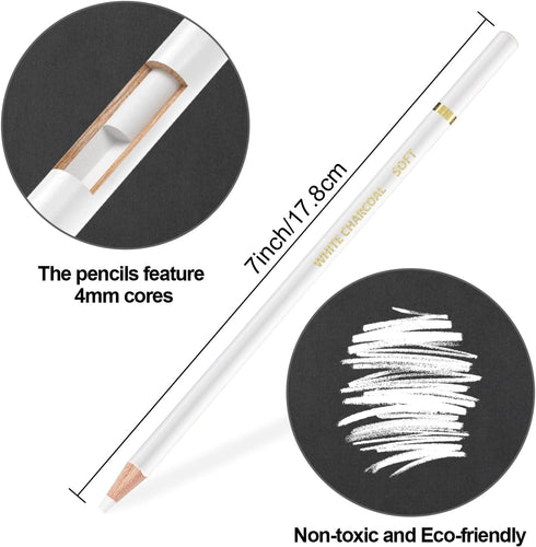 White Charcoal Pencils, Pack of 12 Charcoal Drawing Pencils, Charcoal Pencils for Artists, Art Supplies for Drawing and Highlighting, Charcoal Pen...