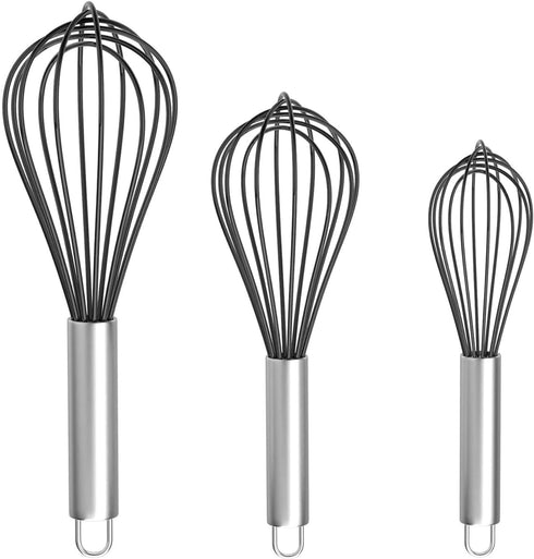 Silicone Whisk, Stainless Steel Wire Whisk Set - 3 PCS Rubber Whisks for Cooking, Non-stick Cookware, Kitchen, Balloon Egg Beater Perfect for Blen...