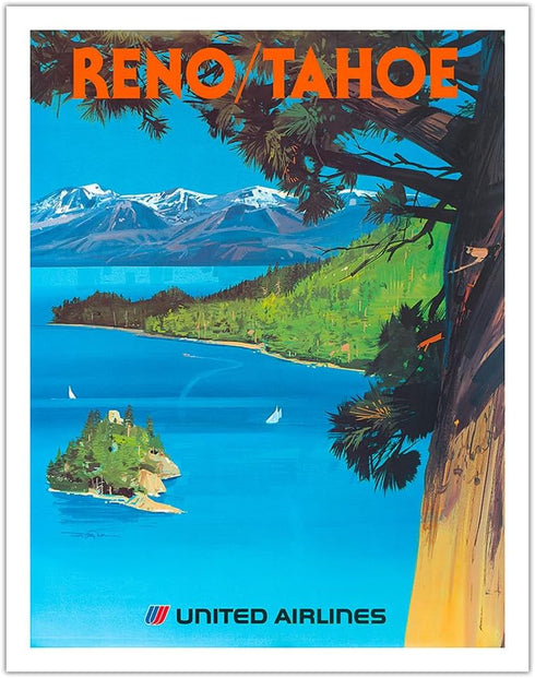 Reno Nevada - Lake Tahoe California - United Airlines - Vintage Airline Travel Poster by Tom Hoyne c.1970s - Fine Art Matte Paper Print (Unframed)...