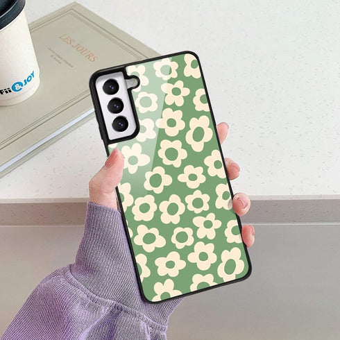 for Samsung Galaxy S22 Plus Green Daisy Flower Case for Women Girls, Cute Phone Cover Tempered Glass Back Cover Soft TPU Bumper Shockproof Case Tr...