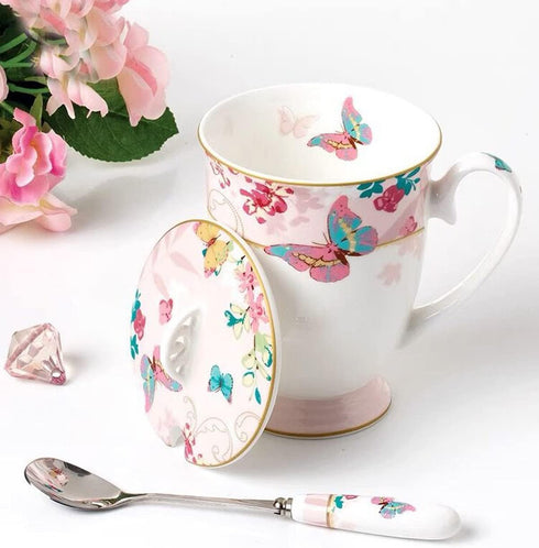 YBK Tech Euro Style Porcelain Tea Cup Coffee Mug with Lid for Breakfast Home Kitchen (((Butterflies Pattern) (Pink)))...