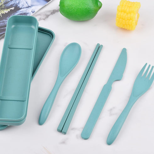 Reusable Utensils Set with Case, 4 Sets Wheat Straw Travel Cutlery Set, Portable Spoon Knife Fork Chopsticks Lunch Box Utensil Set for Kids Adults...