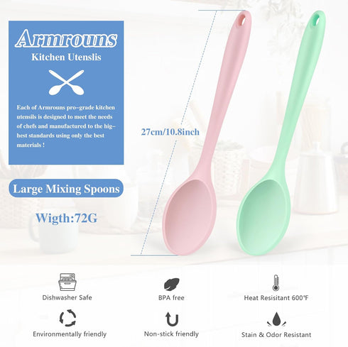 Silicone Mixing Spoons 2-Pack, 10.8" Large High Heat Resistant Nonstick Cooking spoon for Stirring, Mixing and Serving, Green & Pink Rubber Spoon....