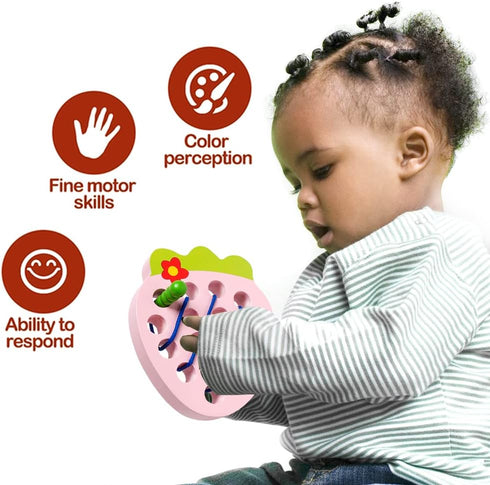Wooden Lacing Toys for Toddlers, Baby Toys Strawberry Threading Toys Learning Fine Motor Skills,Montessori Sensory Educational Toys Wooden Block P...