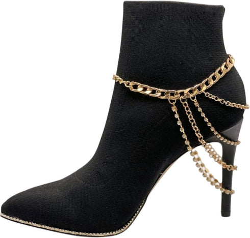 Women Western Fashion Anklet Boot Chain Bracelet Gold Metal Shoe Back Side Wave Multi Strand Charm...
