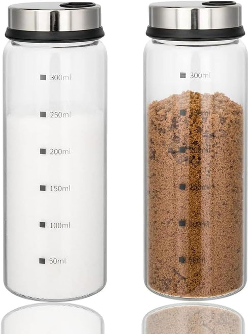 2 Pack Salt and Pepper Shakers, 300ml Spice Jars with Shaker lids, Salt Shakers Glass with Adjustable Pour Holes, Stainless Steel Seasoning Contai...