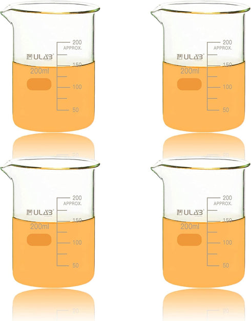 ULAB Scientific Glass Beakers, Vol. 200ml, 3.3 Borosilicate Griffin Low Form with Printed Graduation, Pack of 4, UBG1032...