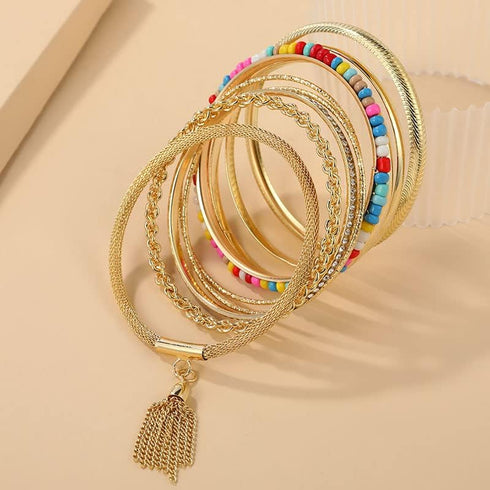 COLORFUL BLING Boho Gold Indian Multi Cuff Bangle Bracelet Layered Rhinestone Pearl Stackable Cable Smooth Bracelet Set Bohemian Jewelry for Women...