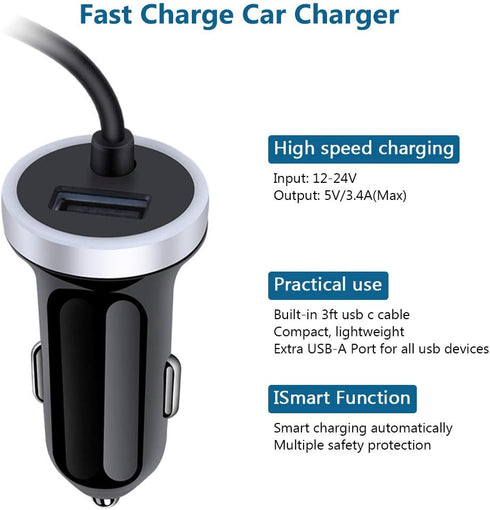 USB C Car Charger, 3.4A Fast Charging Car Adapter+3ft Type C Cable for Samsung Galaxy S24 S23 S22 S21 S20 S10 Note 20 A10E A20 A50 A51 A71 A11,LG ...