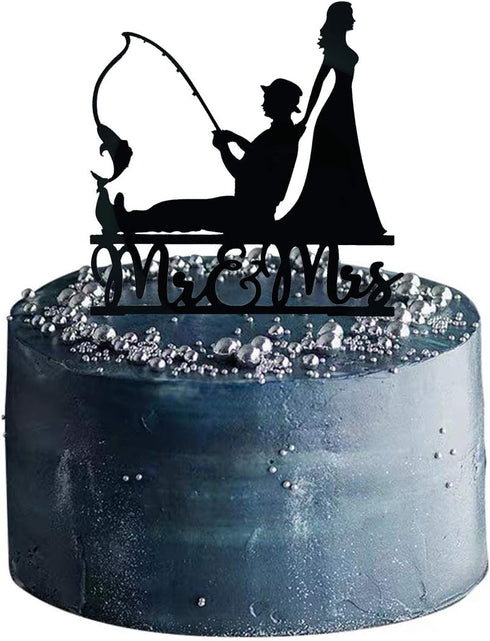 Fishing Wedding Cake Topper, Funny Bride and Groom Cake Decoration, Fishing Theme Wedding/Engagement/Bridal Shower/Anniversary Cake Decoration...