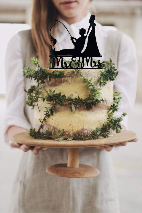 Fishing Wedding Cake Topper, Funny Bride and Groom Cake Decoration, Fishing Theme Wedding/Engagement/Bridal Shower/Anniversary Cake Decoration...