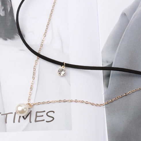 Layered Crystal Leather Choker Necklace Gold Pearl Pendant Necklace Boho Suede Collar Necklace Punk Black Chain Necklace Jewelry for Women...