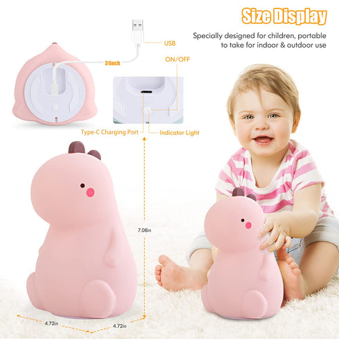 VSATEN Dinosaur Night Light for Kids, Color Changing Silicone Baby Night Light with Touch Sensor for Kids' Bedroom, USB Rechargeable LED Bedside N...