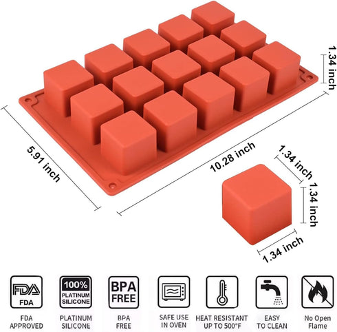Square Silicone Mold, Cube Mousse Cake French Dessert Baking Molds, 2 Pack 15 Cavity Lollipop Silicone Molds for Soap, Candy Chocolate Cubes, Ice ...