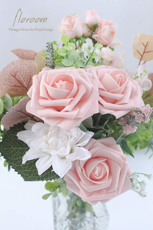 Floroom Artificial Flowers 50pcs Real Looking Blush Foam Fake Roses with Stems for DIY Wedding Bouquets Pink Bridal Shower Centerpieces Floral Arr...