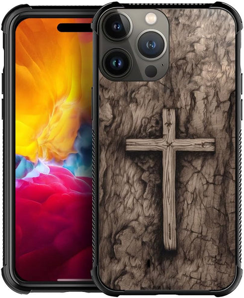DJSOK Case Compatible with iPhone 15 Pro,Classic Wood Grain Devout Cross Case for iPhone 15 Pro Cases for Man Boys Girls Dual Layer Shockproof Rug...