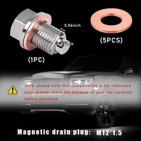 M12×1.5 Magnetic Oil Drain Plug, Stainless Steel Sump Drain Nut Bolt with Copper Washer Gaskets, Leakproof Engine Oil Drain Plug Replacement for M...