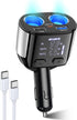 2 Sockets Cigarette Lighter Splitter with Large Voltmeter, BUVAYE 5 in 1 Fast Charge USB C Car Charger Adapter, Dual Car Cigarette Lighter Adapter...