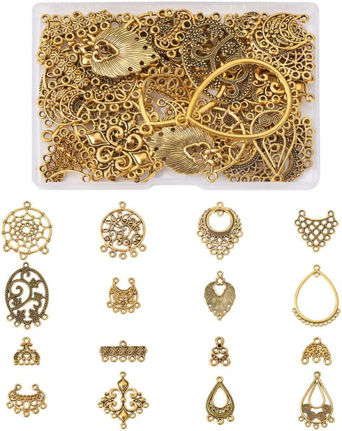 64Pcs Tibetan Antique Gold Chandelier Charms 16 Styles Vintage Filigree Hollow Links Charms with Loops Findings for Dangle Earrings Connector Comp...