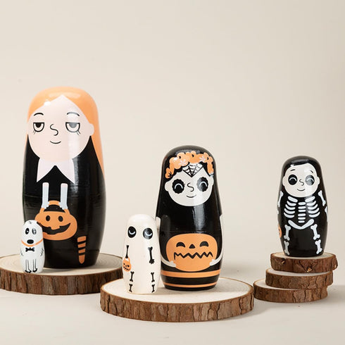 Halloween Themed Girls Nesting Dolls Skeleton Pumpkin Ghost Puppy Wooden Russian Nesting Doll Matryoshka Kid Stacking Toy Gift Dolls for Home Haun...