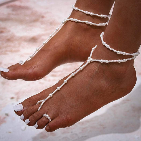 Boho Beaded Foot Chain 2PCS Pearl Anklet Chain Beach Layered Toe Ring Foot Chain for Women...