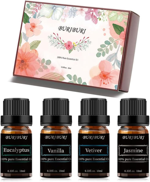 BURIBURI Vanilla Oil Jasmine, Vetiver and Eucalyptus Essential Oil Set, 100% Pure 4Pcs Essential Oils Gift Set for Diffusers...