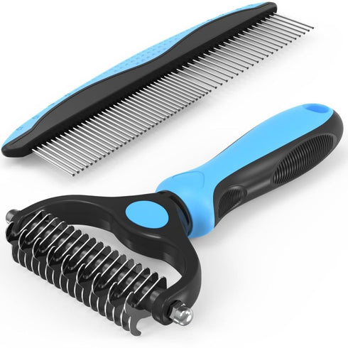 Pet Grooming Brush&Comb Combo, Pet Grooming Brush?Cat Comb Dog Comb for Shedding, 2-Piece Kit,Undercoat Comb for Dog Grooming (Blue)...