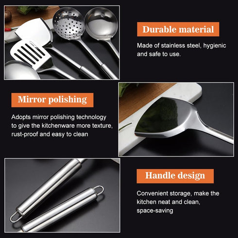 5 PCS Cooking Utensils Set Stainless Steel Kitchen Utensils Gadgets Resistant Cooking Tools Includes Slotted Spoon, Slotted Spatula, Large Spoon, ...