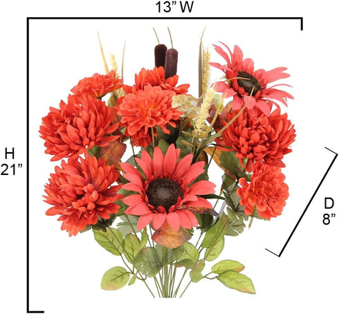 Admired By Nature Artificial Bouquet Bush 18 Stems of Mums, Sunflowers, Zinnia, Foliage (Brick Red) - for Fall Home Decor, Weddings, Events, Parti...