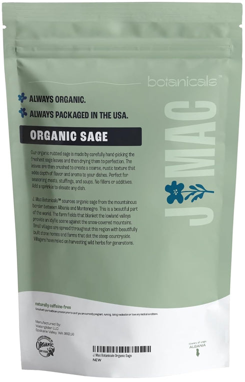J Mac Botanicals, Organic Rubbed Sage (8 oz), Certified Organic Dried Sage Leaf, Herb Seasoning, Excellent for sausage making, fresh dry leaves, F...